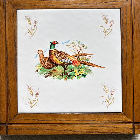 Vintage Quail Pheasant Wood Frame Ceramic Tile Wall Decor Plaque Porcelain 8.5" - Picture 3 of 6